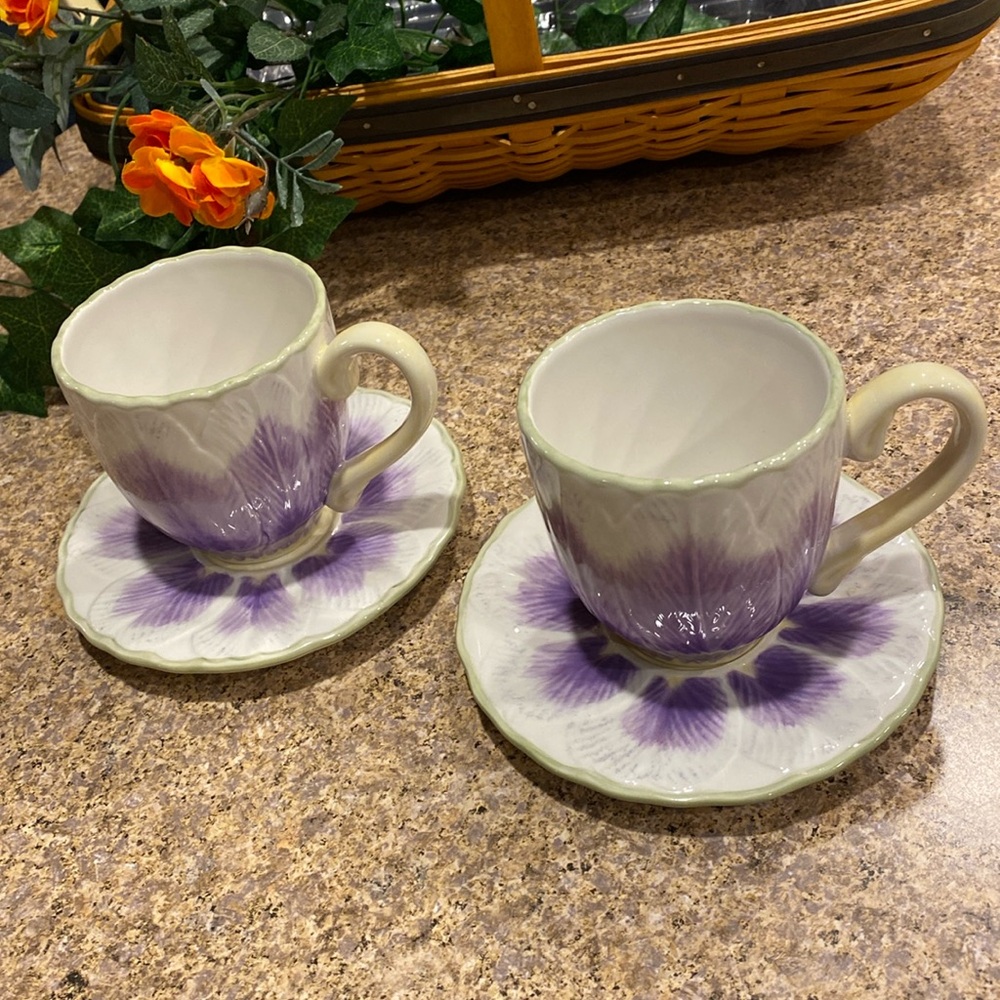 2 Longaberger Tea Cups With Saucers Floral Flower Purple Green White